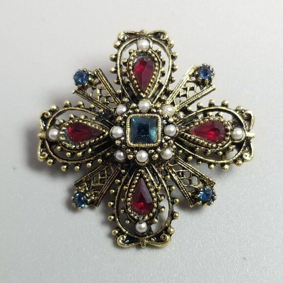 Vintage ART Gold Tone Heraldic Maltese Cross Rhinestone Brooch, Red White Blue - Picture 2 of 7